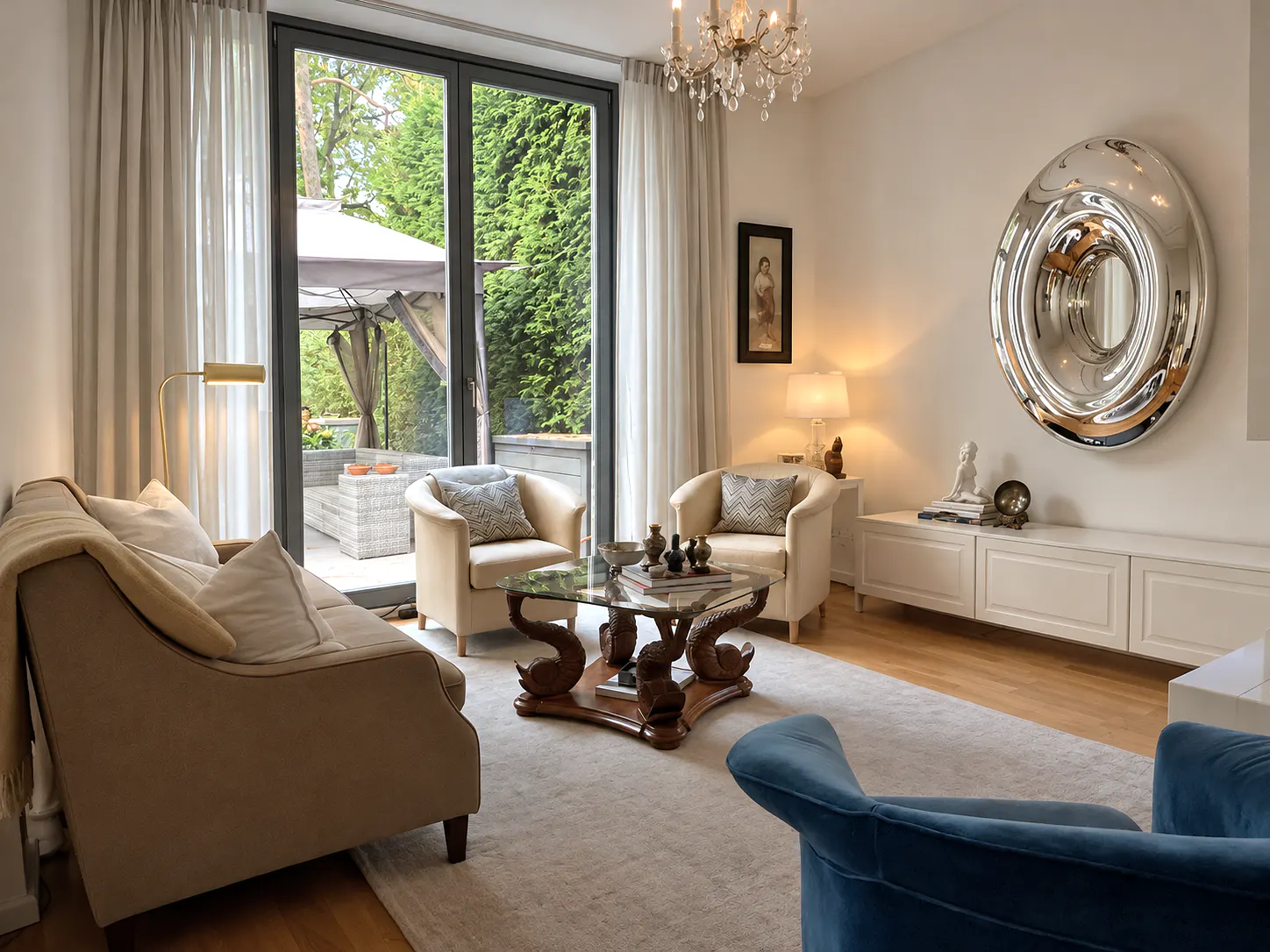 Elegant living room with metal sculpture