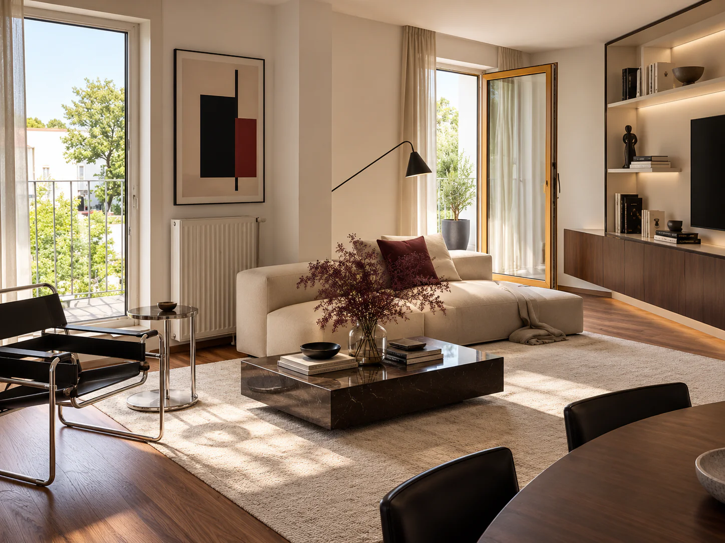 Helles minimalistisches Wohnzimmer mit Balkonblick
