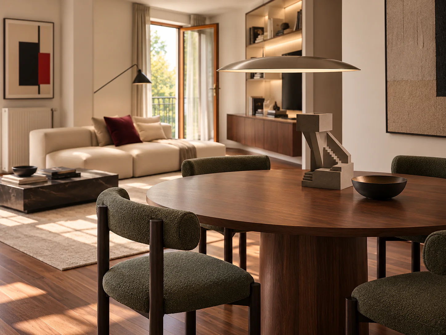 Elegant dining room with a sculptural centerpiece