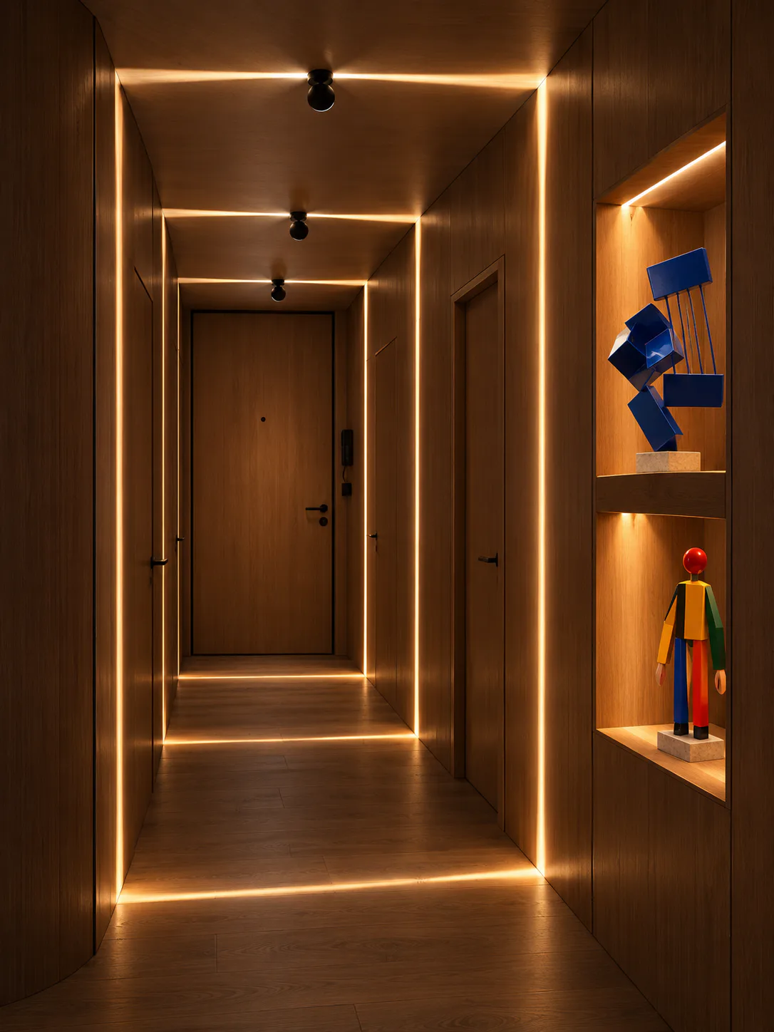 Luxurious wooden corridor with bands of light